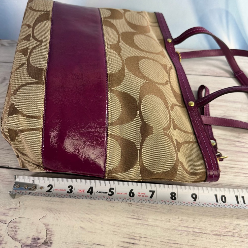 Coach Signature Stripe Tote Women Medium Khaki Purple Patent Leather 12429 Y2K - Picture 12 of 14